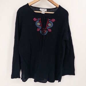 Y2K Boho Embroidered Peasant Top Womens 1X Black Long Sleeve Gauzy Cotton Flowy‎